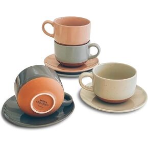 Mora Ceramics 8oz Cappuccino Mug Set of 4 - Ceramic Coffee Cups with Saucers - Microwave and Dishwasher Safe, Perfect For Tea, Espresso, Latte - Porcelain Mugs for Kitchen or Cafe - Assorted Neutrals