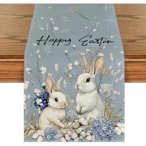 Artoid Mode Bunny Rabbit Cotton Hydrangea Happy Easter Table Runner, Seasonal Spring Kitchen Dining Table Decoration for Home Party Decor 13x72 Inch