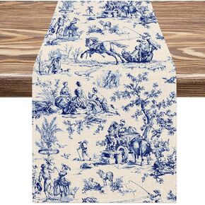 AnyDesign Countryside Table Runner Village Life Table Decoration Vintage Blue Table Cover for Indoor Outdoor Home Party Table Decor Supplies, 13 x 72 Inch, Blue, White, AD3976