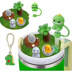 Compatible with Stanley Cup Lid Accessories Charms,Cup Lid Decorative Accessories for Stanley Cups H2.0 30Oz 50Oz Tumbler,with Silicone Straw Cover and Cup Chain（Dinosaur 40Oz）