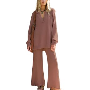 Womens 2 Piece Outfits Knit Loungewear Casual Loose Sweatsuit V Neck Pullover Wide Leg Pants Oversized Sweater Set