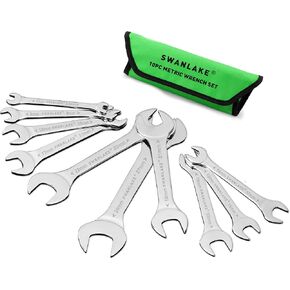 SWANLAKE 10Pcs Super-Thin Open End Wrench Set, CR-V Steel, Metric, 5.5x7mm to 24x27mm