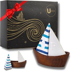UNEAK - Sailboat Salt And Pepper Shaker (2 Pcs Set) Gift Set Ceramic Shakers with Cherry Wood Base/Boat Elegant Compact Cooking, Kitchen and Dining Room, Classic, Refillable