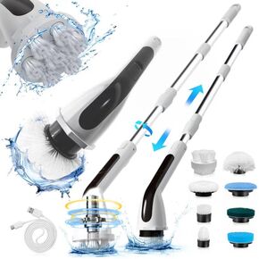 Electric Spin Scrubber Bathroom, Cordless Patent Cleaning Brush Head, Rechargeable Bathroom Cleaner, Adjustable/Detachable Long Handle, 8 Replaceable Brush Heads, 2 Speeds, Full-Body IPX7, LCD Display