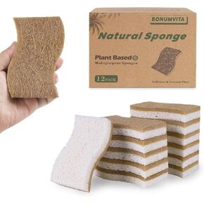 Natural Kitchen Sponge,12 Pack Kitchen Dish Sponge with Coconut Fiber and Compostable Cellulose, Natural Household Cleaning Sponge for Dishes,Pots,Sinks