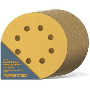 POWERTEC 6 Inch 8 Hole Sanding Discs - 80/100/120/150/220 Grit Sandpaper (20 Each, 100-Pack) Assorted 6" Hook and Loop Sanding Pads for Orbital Sander, DA Sander, Air Sander (44201XG-100V)