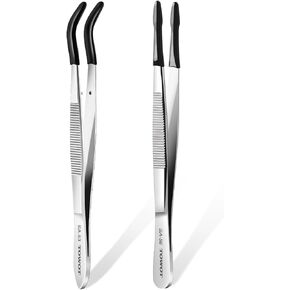 TOWOT 2 PCS Rubber Tipped Tweezers, PVC Rubber Coated Tweezers Bent and Straight Flat Tip craft Tweezers for Stamp Jewelry Hobby Crafts Industrial Electronic(black)
