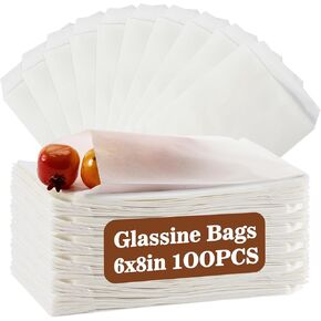 100 Wax Paper Sandwich Bags - 6"x8" Paper Lunch Bags Glassine Bags Translucent Envelopes Toaster Bags Bagel Bags Cookie Sleeves Pastry Treat Bags Snack Bags Baked Goods Packaging Food Take Out