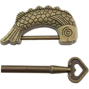 47mm Length Fish Vintage Padlock with Key Antique Wooden Box Lock Alloy Jewellery Box Fish Lock Jewellery Box Lock Chinese Box Padlock