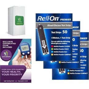 Relion Premier Blood Glucose Test Strips 50ct (3 Pack) Bundle with Exclusive Better Ligth&Spring Guide Living Well with Diabetes - (4 Items)