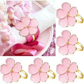 Patelai 12 Pcs Flower Napkin Rings Pink Floral Napkin Ring Spring Gold Napkin Ring Holder Serviette Buckle Table Setting Decoration for Wedding Party Valentine's Day Holiday Banquet Birthday Dinner