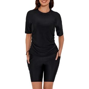 Bonneuitbebe Women's Two Piece Short Sleeve Rash Guard UPF 50+ Rash Guard Swimsuits Swim Shirt and Short Pocket