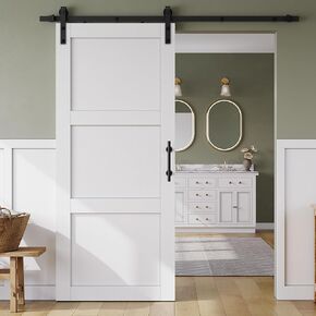 SmartStandard 36in x 84in Sliding Barn Door with 6.6FT Barn Door Hardware Track Kit & Handle, Waterproof PVC Surface, Pre-Drilled Holes Easy to Assemble, White, Solid, MDF, 3 Panel
