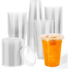 JOLLY CHEF 16 oz Plastic Cups with Lids, 500 Packs Crystal PET Clear Cups, Disposable Ice Coffee Cups with Lids For Coffee Milkshake Daily Use, Party and Wedding