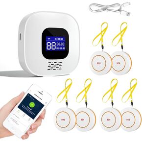 Wireless WiFi Caregiver Pager with Phone App Alert, Life Alert Systems for Seniors No Monthly Fee,Emergency Button for Elderly,6 Wearable Panic Buttons 1 Receiver (only Supports 2.4GHz Wi-Fi)