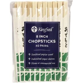 80 Count | KingSeal Natural Poplar Disposable Wood Chopsticks, Indiv. Wrapped in Paper Sleeve, 8 Inch, Bulk Pack - 2 Packs x 40 Pairs