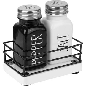 Salt and Pepper Shakers Set, Cute Glass Salt and Pepper Shakers with Stainless Steel Lid, Farmhouse Kitchen Decors with Wooden Metal Holder Caddy, Easy to Refill 2.7 oz (White)
