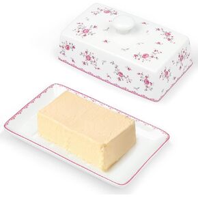 fanquare Porcelain Butter Dish with Lid, Rose Butter Holder,Butter Dish with Cover, Pink