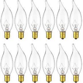 Sunlite 40009 Incandescent Petite Clear Chandelier Light Bulb, 15 Watts, 105 Lumens, Candelabra E12 Base, Flame Tip, 2600K Warm White, 12-Pack