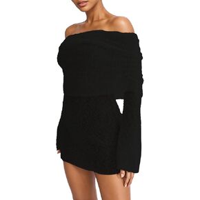 LETSVDO Women's Off Shoulder Mini Dress Bodycon Long Sleeve Knit Crochet Sexy Party Sweater Dresses
