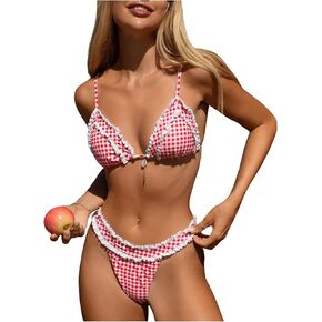 MakeMeChic Women's Bikini Sets Plaid Print Lace Trim Triangle High Cut Beach Bathing Suit