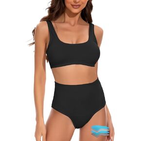 Beautikini Period Swimwear Two Piece Bikini Menstrual Leakproof Bathing Suit Period Swimsuit for Girls Teens & Juniors Black,S