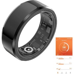Fitness Tracker Smart Ring, Step Counter for Walking, Heart Rate Blood Oxygen Calorie Sleep Tracker Health Ring, IP68 Waterproof Design, Stainless Steel, 5-7 Days Battery Life(Black, US7)