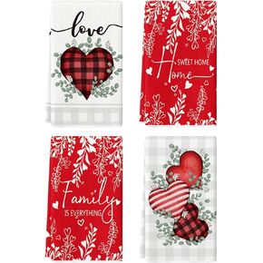 Artoid Mode Red Buffalo Plaid Heart Love Valentine's Day Kitchen Towels Dish Towels, 18x26 Inch Farmhouse Wedding Decoration Hand Towels Set of 4
