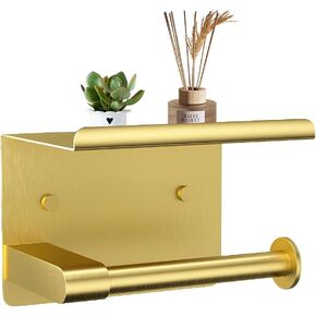 Adhesive Toilet Paper Holder with Phone Shelf Paper Tissue Holder Storage Stainless Steel Wall Mounted Toilet Roll Holder Dispenser,Paper Holder with Shelf Bathroom Organizer Gold
