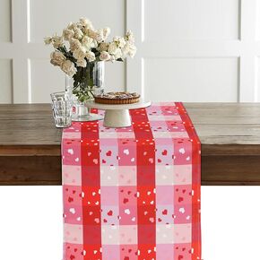 LUSHVIDA Valentine's Day Checkered Table Runner 14 x 70 Inches Long, Love Heart Patterned Washable Microfiber Table Runners for Wedding Anniversary Party Kitchen Dinning Holiday Home Decoration