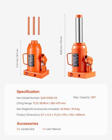 VEVOR Hydraulic Bottle Jack, 30 Ton/66138 lbs Welded Bottle Jack with 11.22''-18.66'' Lifting Range & 3-Section Long Handle, for Car, Pickup, Truck, RV, Auto Repair, Industrial Engineering in Kuwait