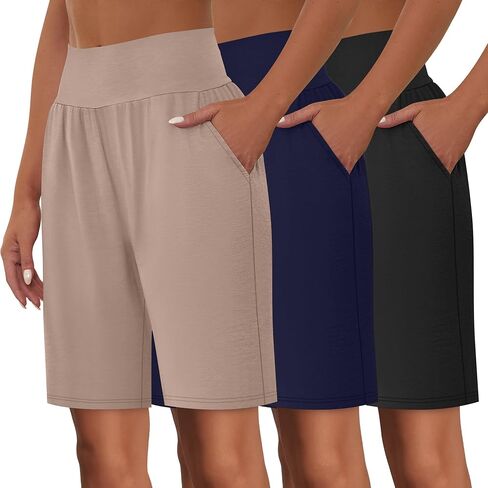 شورتات برمودا للسيدات 3 حزمة ، وعالية الخصر القطن تمتد القيعان غير الرسمية للركبة طول الصيف الرياضي مع جيوب in Kuwait