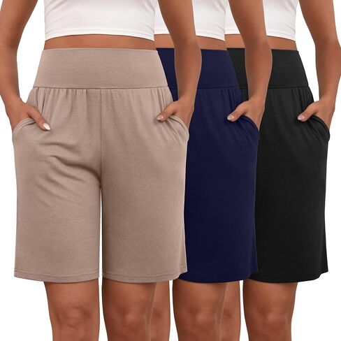 شورتات برمودا للسيدات 3 حزمة ، وعالية الخصر القطن تمتد القيعان غير الرسمية للركبة طول الصيف الرياضي مع جيوب in Kuwait