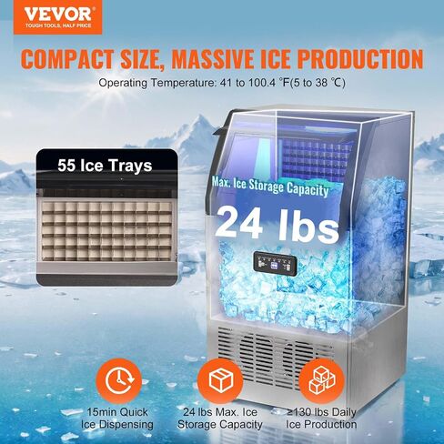 VEVOR Commercial Ice Maker Machine, 160LBS/24H Ice Machine with 24lbs Storage Capacity, 55 Ice Cubes Ready in 12-15 Minutes, Ice Maker Machine for Bar Home Office Restaurant in Saudi Arabia