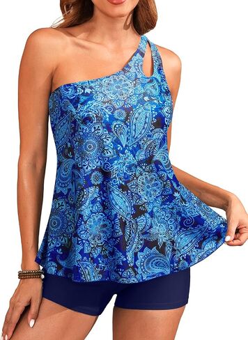 Women Tankini with Shorts - Two Piece Bathing Suits One Shoulder Tummy Control Swimsuit 2025 Flowy Swimwear in Saudi Arabia