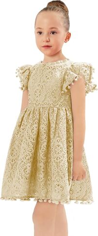2Bunnies Girl Baby Toddler Vintage Lace Pom Pom Flutter Sleeve Easter Birthday Outfit Dress in Saudi Arabia