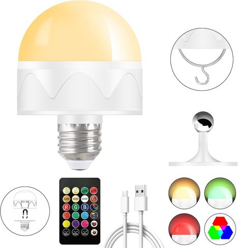 Rechargeable Light Bulbs with Remote Control No Wiring Required, Battery Operated Light Bulb Timer,Magnetic 360°,310lm,3 Color Temperature RGB Colors Dimmable,40 Watt Equivalent,1P in Kuwait