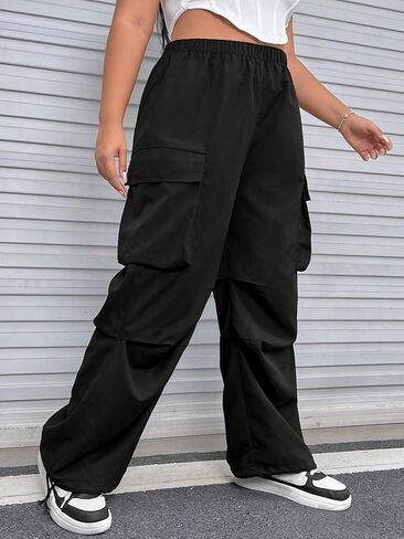 Wdirara Women's Plus Size مرنة الخصر سراويل شحن البضائع مع جيوب السراويل غير الرسمية النقي الأسود 3XL in Kuwait