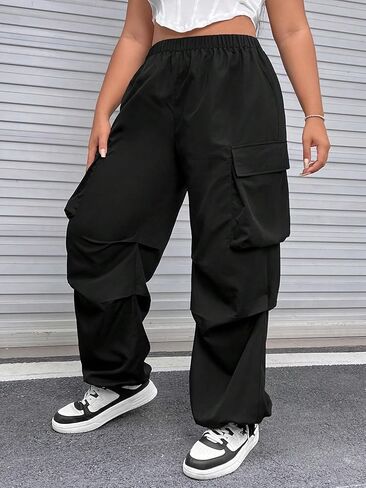 Wdirara Women's Plus Size مرنة الخصر سراويل شحن البضائع مع جيوب السراويل غير الرسمية النقي الأسود 3XL in Kuwait