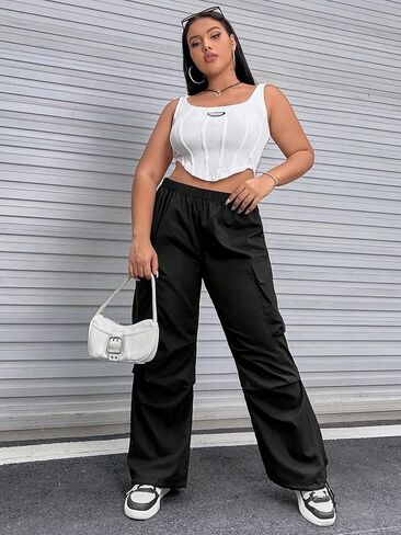 Wdirara Women's Plus Size مرنة الخصر سراويل شحن البضائع مع جيوب السراويل غير الرسمية النقي الأسود 3XL in Kuwait