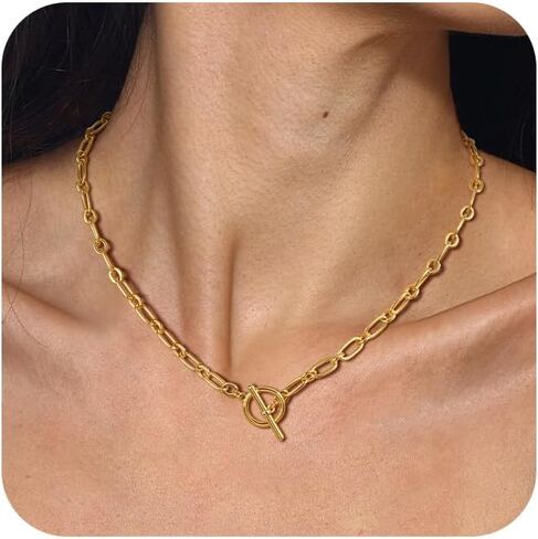 Gold Necklace for Women, 14K Gold Plated Chain Necklace Dainty Choker Necklace for Women Trendy Chunky Pendant Necklaces Layering Toggle T-bar Clasp Link Chain Necklace Jewelry in Saudi Arabia