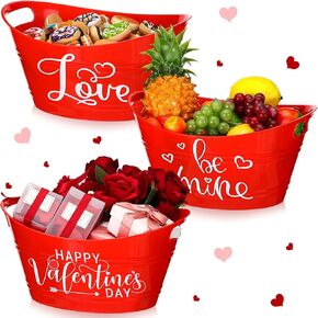3 Pack Large Valentine's Day Basket for Gift 12.2 x 9" Empty Gift Basket with Handle Red Love You Plastic Oval Ice Bucket Happy Valentine's Day Gift Basket Decorative Container for Valentines Party