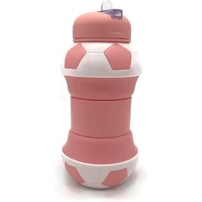Soccer Style Kids Water Bottle Collapsible Silcione Water Bottles, Leakproof 16oz Portable Foldable Expandable Water Bottle Sports Cups with Straw, BPA Free, for Outdoor (Pink)