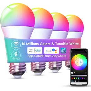 WIFI Smart LED Light Bulb - Color Changing Bulbs App Control, 2.4Ghz Bluetooth Smart Light Bulbs Music Sync, Magic RGB Light Bulb Work with Alexa and Google Assistant, E26 LED Light Bulb, 4 Pack
