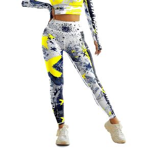 Women Sports High Waist Yoga Pants Graffiti Print Workout Leggings Color Block Tummy Control Running Workout Pants (US, Inseam Waist S, 35, Yellow)