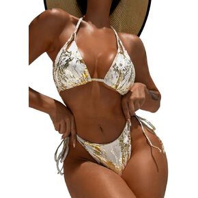 Snakeskin Metallic Bikini,String Halter Triangle Bikinis Set,Sexy Strappy Cheeky Swimsuits for Women Tanning Pool
