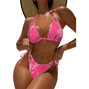 Snakeskin Metallic Bikini,String Halter Triangle Bikinis Set,Sexy Strappy Cheeky Swimsuits for Women Tanning Pool