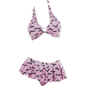 MEOWCOS Women's Bikini Sets Goth Bathing Suit Two-Piece Swimsuit with Gothic Bat Print Pink