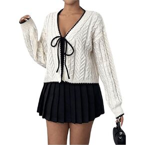 GORGLITTER Women's Bow Tie Front Cardigan Sweaters Cable Knit V Neck Long Sleeve Cardigans Outerwear