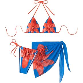 MakeMeChic Women's 3 Piece Bikini Set Floral Halter Tie Back Triangle Bathing Suit with Cover Up Skirt